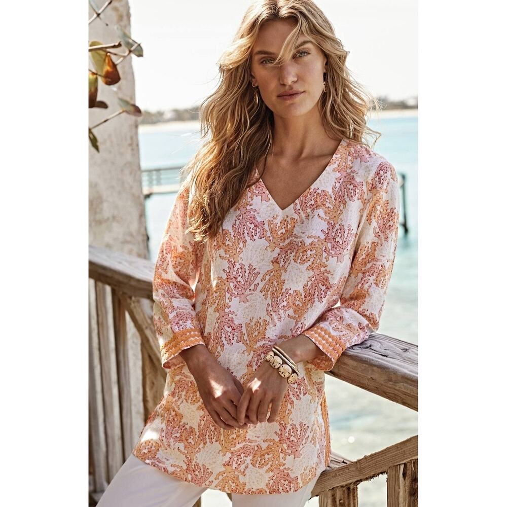 J.Jill Women's XS Petite Linen Cotton Blend Coral Print Tunic Top 3/4‎ sleeves